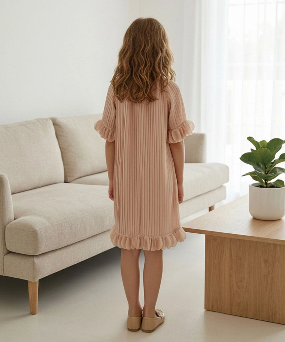 فستان حفلات مطوي للبنات من لي كريستال - بيج