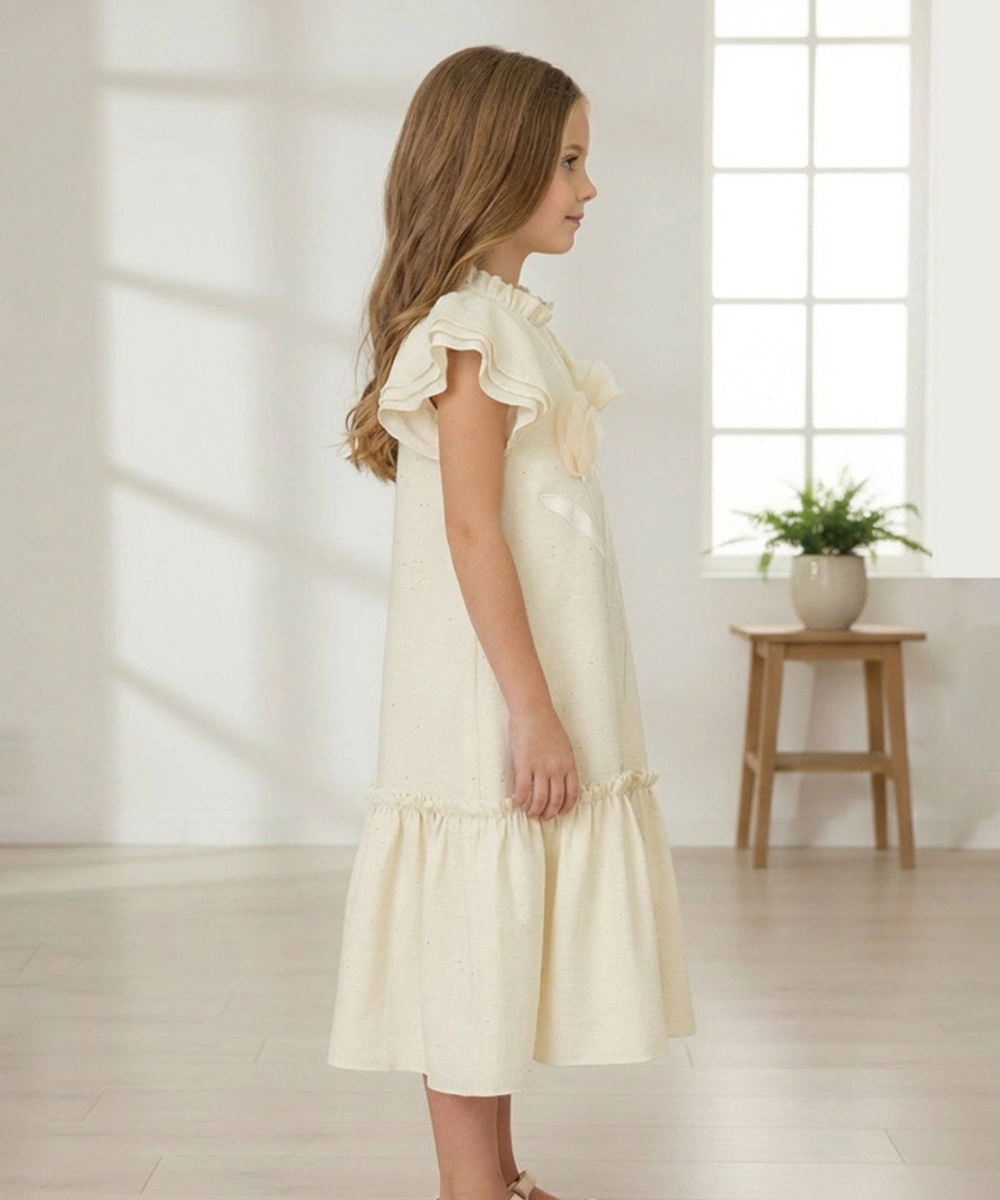 Le Crystal - Girl's 3D Flower Applique Party Dress - Cream