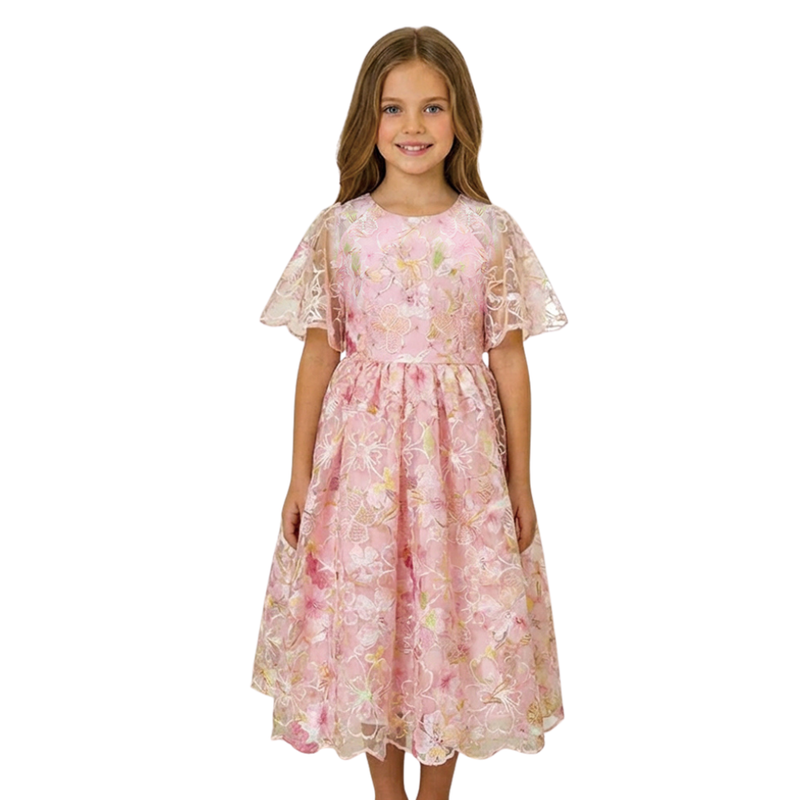 Le Crystal - Girl's Delicate Embroidered Tulle Party Dress - Pink