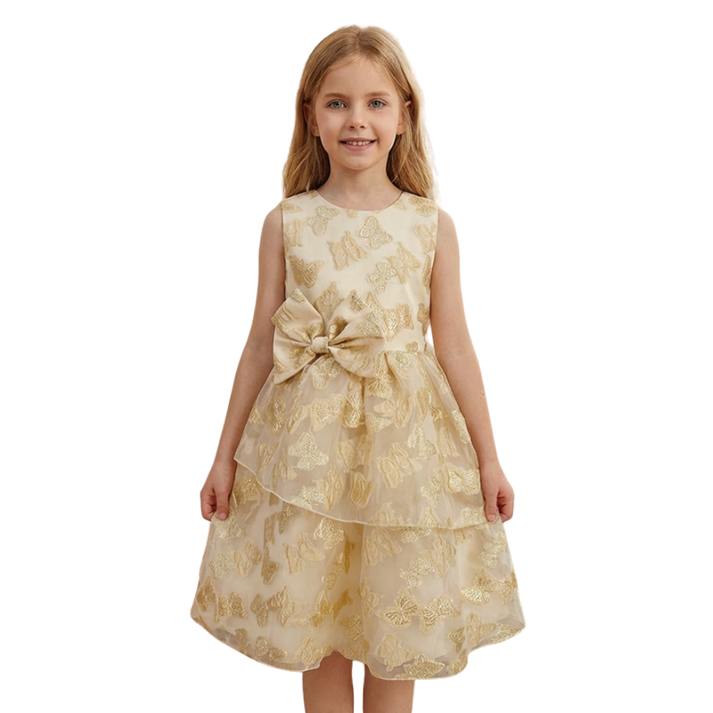 Le Crystal - Girl's 3D Bow Party Dress - Beige
