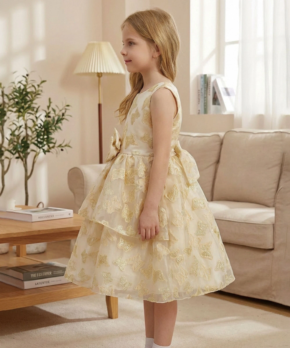 Le Crystal - Girl's 3D Bow Party Dress - Beige