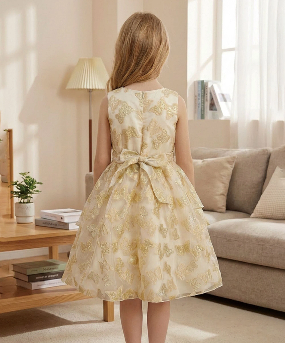 Le Crystal - Girl's 3D Bow Party Dress - Beige