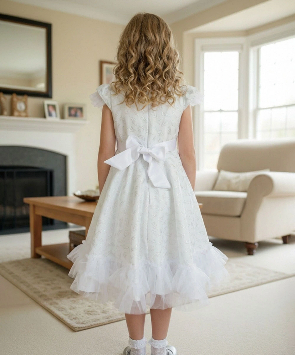 Le Crystal - Girl's Textured Party Dress - White