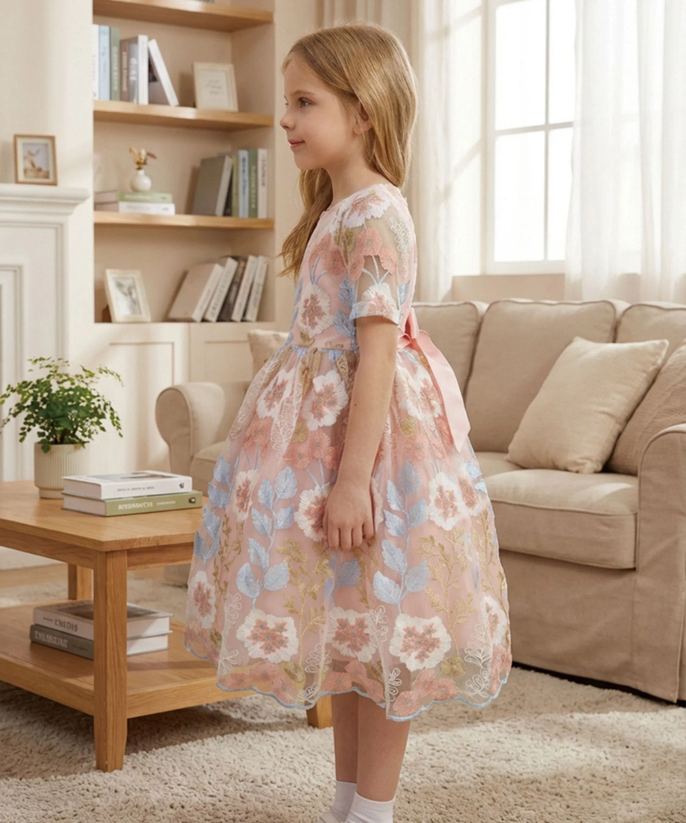 Le Crystal - Girl's Fully Embroidered Tulle Party Dress - Pink