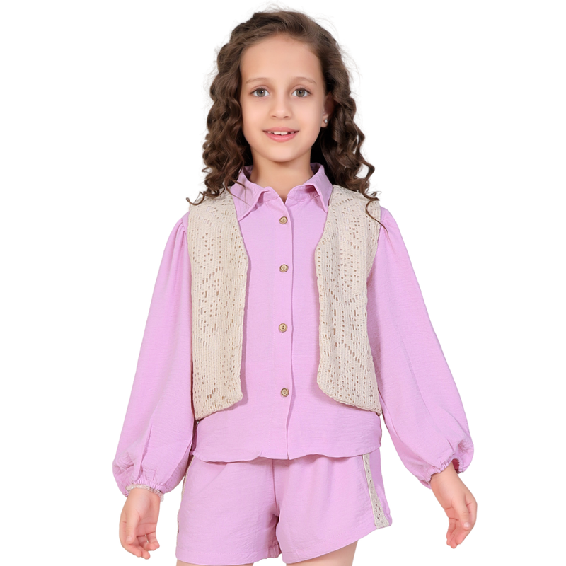 Little Kangaroos - 2pc-Set - Girl's Solid Shirt & Crochet Vest - Pink