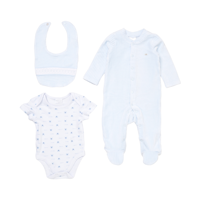 Rock a Bye Baby - 3pc-Set - Baby Boy's Sleepsuit, Bear Printed Bodysuit & Bib - Blue