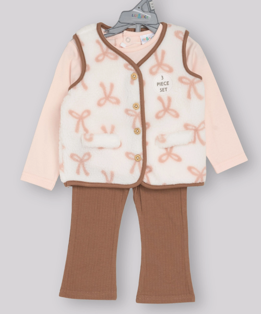 Lily & Jack - 3pc-Set - Baby Girl's Bodysuit, Jacket & Pant - White/Brown/Pink