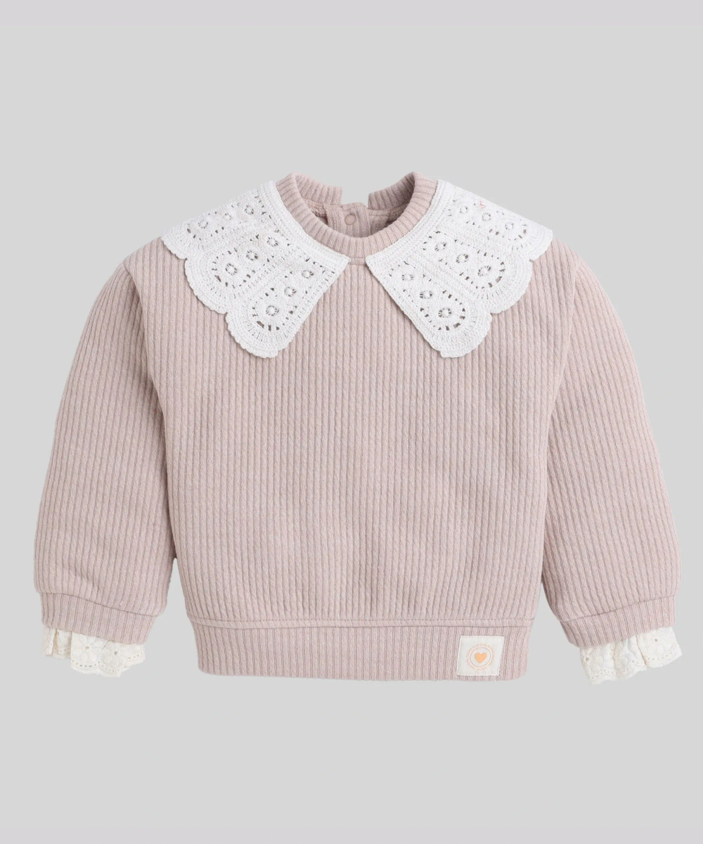Little Kangaroos - Girl's Round Neck Embroidered Sweater - Pink