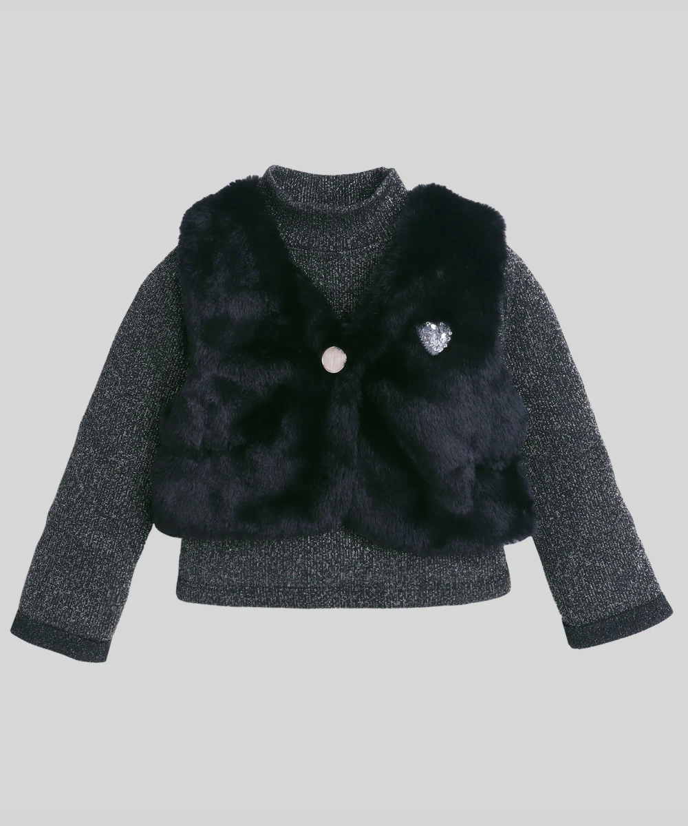 Little Kangaroos - 2pc-Set - Girls Fur Waistcoat & Inner - Black