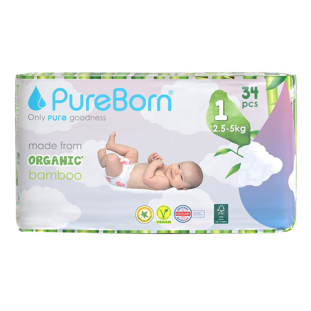 Pureborn - Size 1 Organic Diapers Upto 5Kg 34s - Single Pack - Cloud