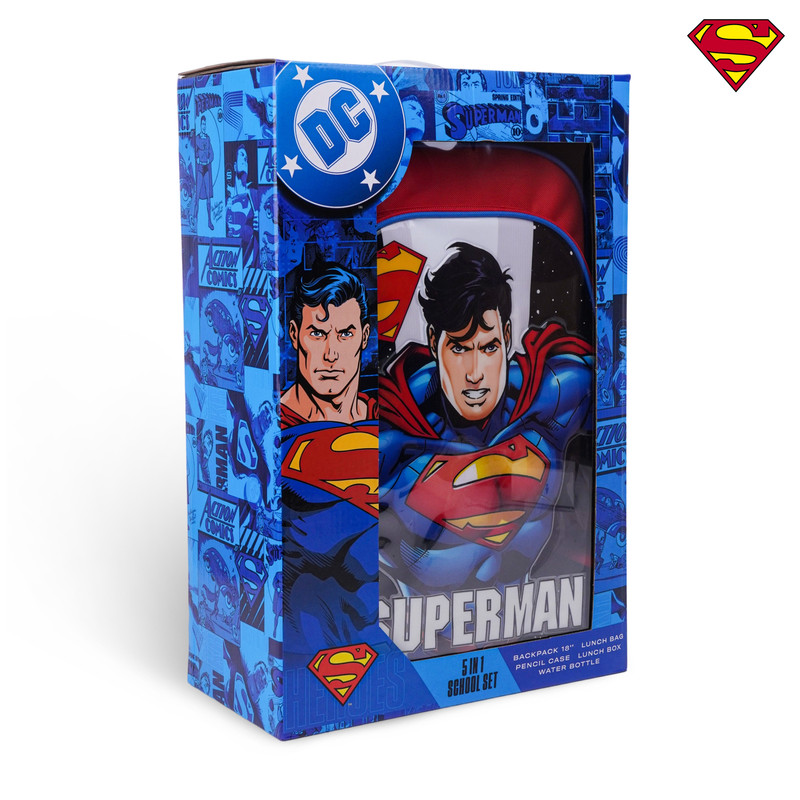 Warner Bros. - 5-In-1 Backpack, Lunch Bag, Water Bottle, Pencil Case & Lunch Box Set - Superman Up In The Sky
