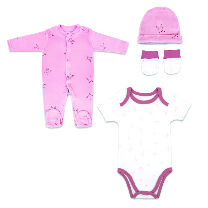 Nurtur Cozi - 4pc-Set - Sleepsuit, Short Sleeve Bodysuit, Hat & Mittens - Pink