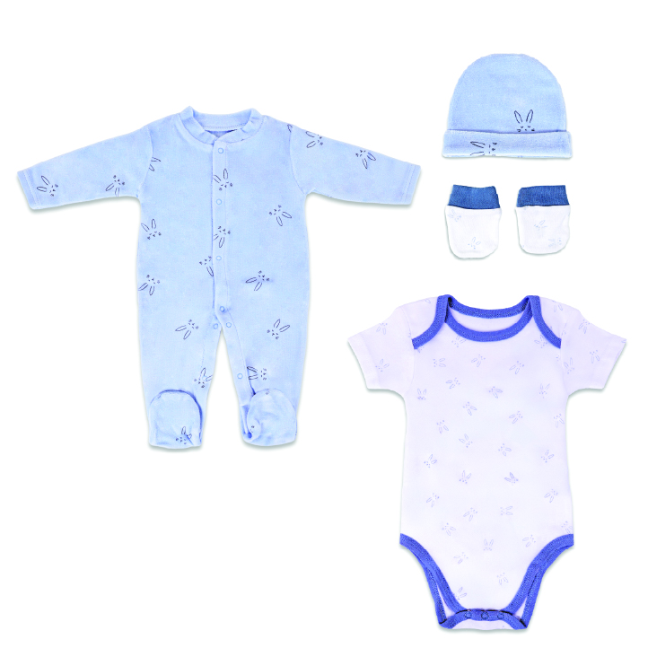 Nurtur Cozi - 4pc-Set - Sleepsuit, Short Sleeve Bodysuit, Hat & Mittens - Blue