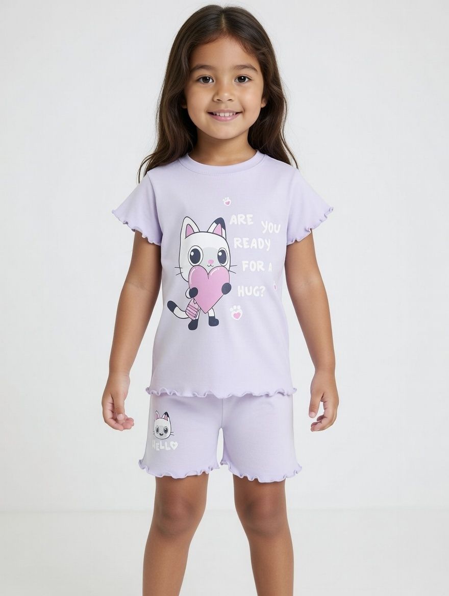 Gabby's Dollhouse - 2pc-Set - Girl's Short Sleeves T-Shirt & Shorts - Lilac