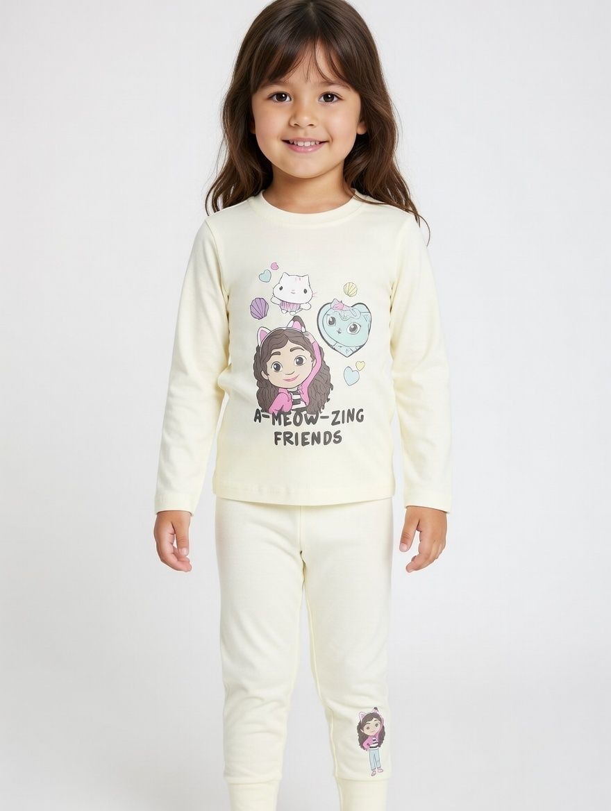 Gabby's Dollhouse - 2pc-Set - Girl's Printed Long Sleeves T-Shirt & Pants - Cream