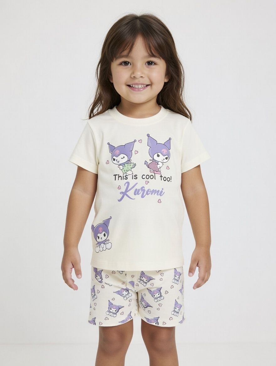 Kuromi - 2pc-Set - Girl's Printed Short Sleeves T-Shirt & Shorts - White