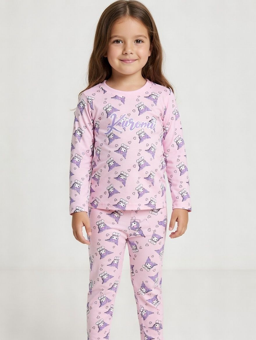 Kuromi - 2pc-Set - Girl's Printed Long Sleeves T-Shirt & Pants - Pink