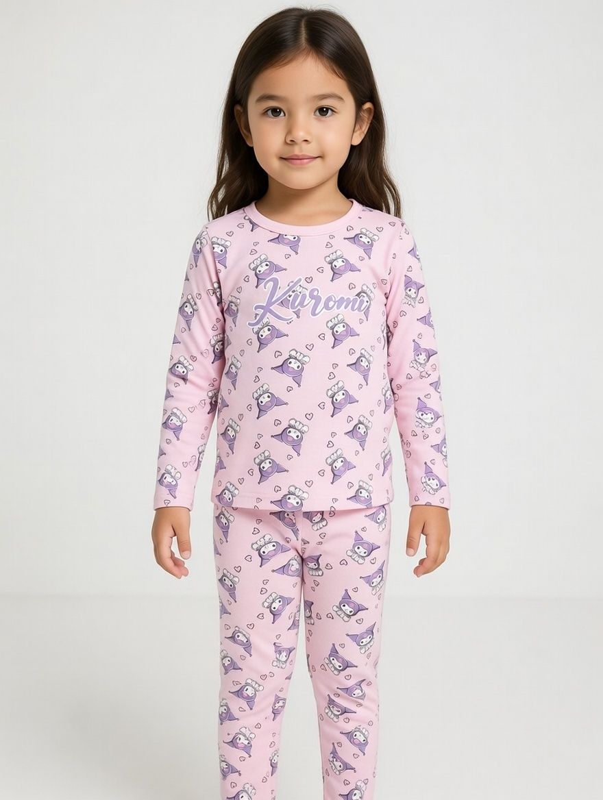 Kuromi - 2pc-Set - Girl's Printed Long Sleeves T-Shirt & Pants - Pink
