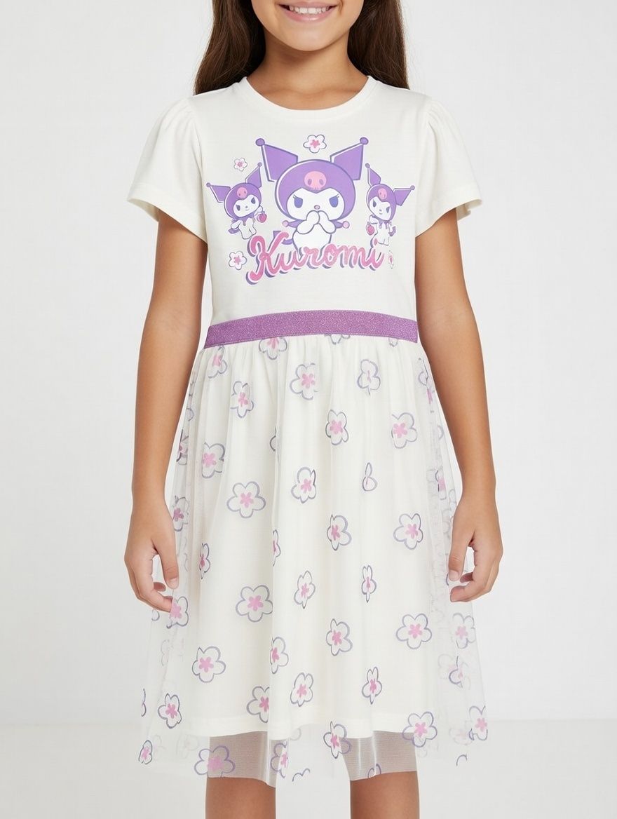 KUROMI - Printed Tulle Dress - White/Pink
