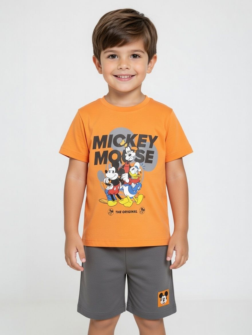 Mickey Mouse - 2pc-Set - Boy's Short Sleeve T-Shirt & Shorts - Orange/Grey