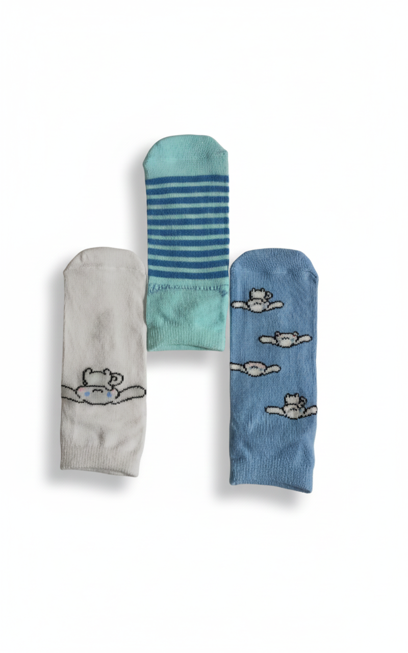 Cinnamoroll 3pc-Set - Girl's Anklet Socks - Grey/Blue/Green