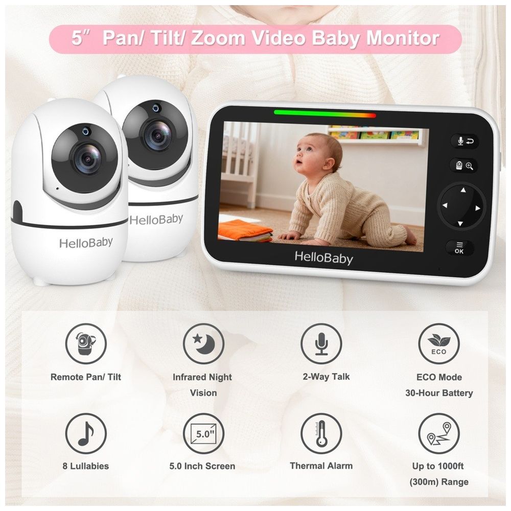 Hello Baby 5-inch LCD Baby Video Monitor With 2 Camera - Black/White, Night Vision