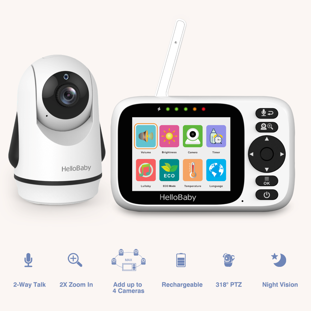 Hello Baby 3.2 Inch LCD Video Baby Monitor with Remote Pan Tilt & Zoom 2 Way Talk - 1000 Ft - Night Vision