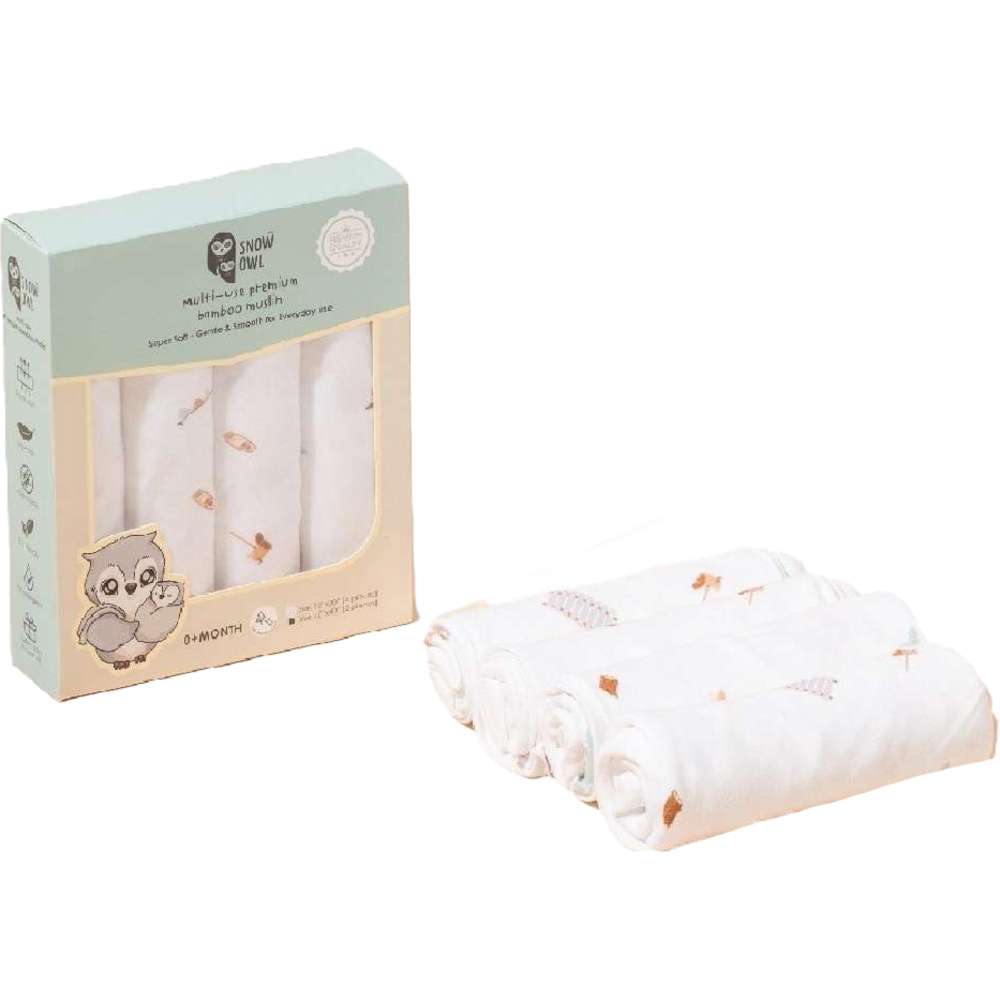 Snow Owl 4pc-Set - Multi-Use Bamboo Muslin Cloth - Petite Bunny