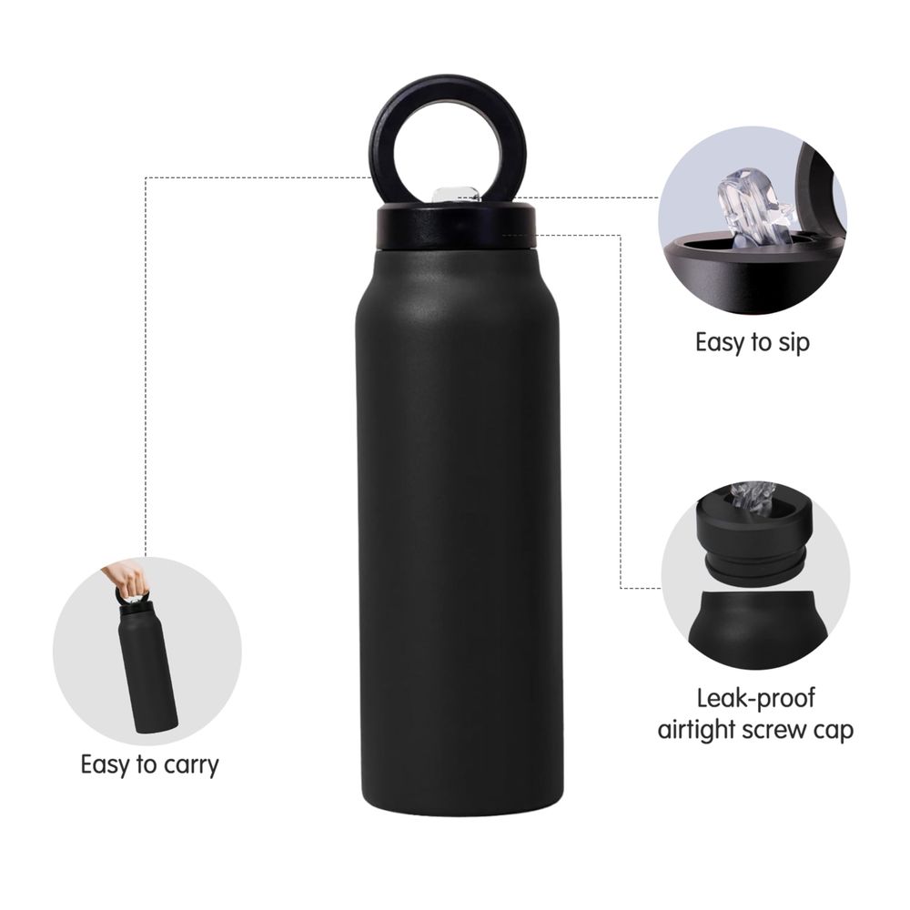 Cravista - Stainless Steel Insulated Water Bottle With Magnetic Phone Holder, Straw Lid - 750ml