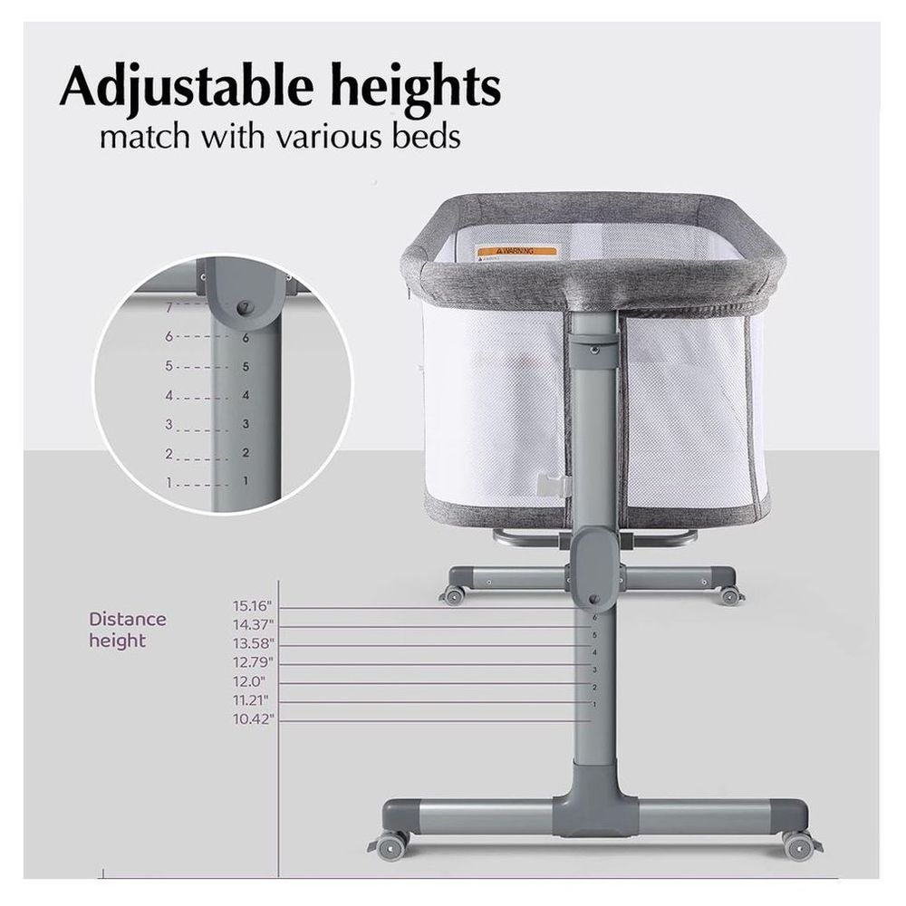 Bumble & Bird Adjustable Bedside Crib with wheels Grey