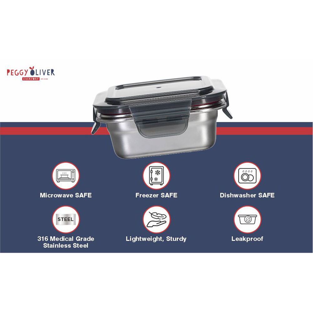 Peggy Oliver - Everyday Square Stainless Steel Container With Airtight Locking Lid - Black
