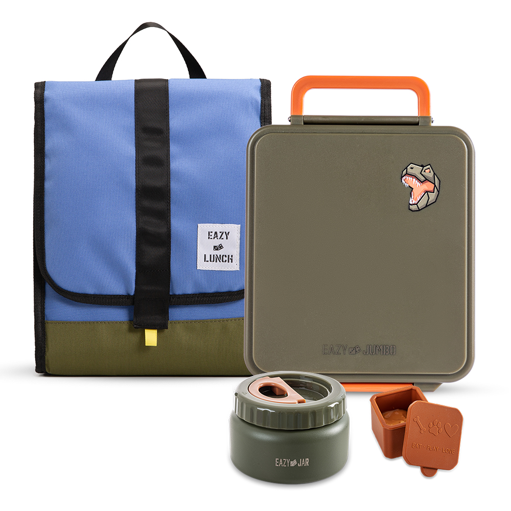 Eazy Kids - Jumbo Bento Lunch Box W/ Lunch Bag & Two Dip Jars - Blue/Green