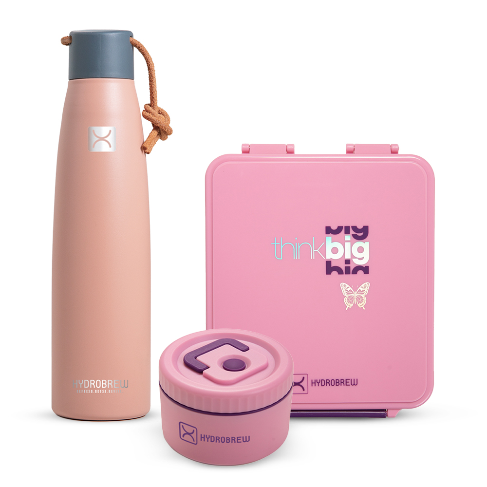 Hydrobrew - Bento Lunch Box With Steel Water Bottle 950ml & Food Jar - Pink