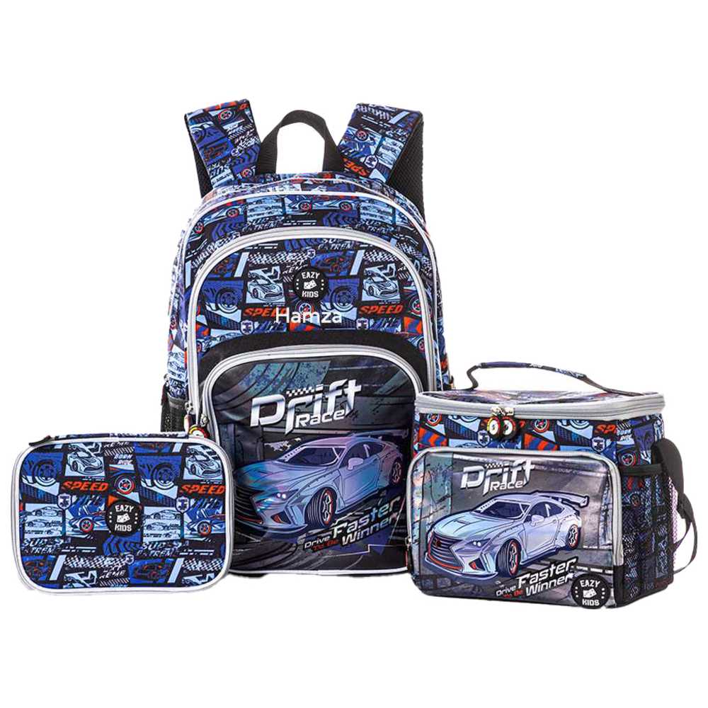Eazy Kids - Personalized Backpack with Lunch Bag And Pencil Case - Car Racing