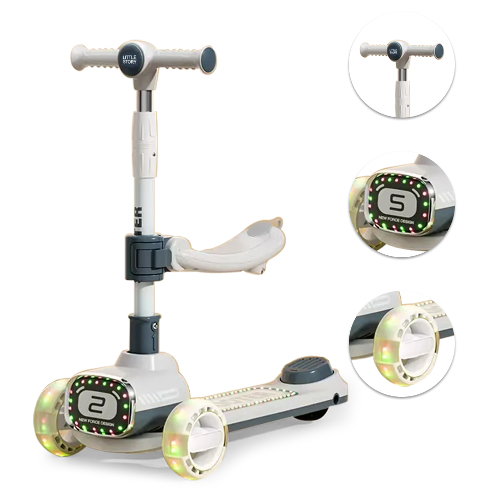 قصة صغيرة - سكوتر للأطفال 2 في 1 مع مقبض للركوب والدفع - رمادي