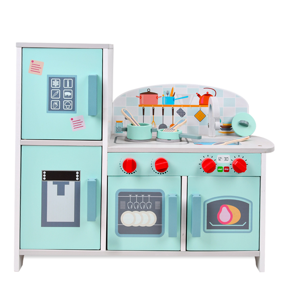 Little Story - Wooden Kitchen With Refrigerator And 6 Accessories - Teal