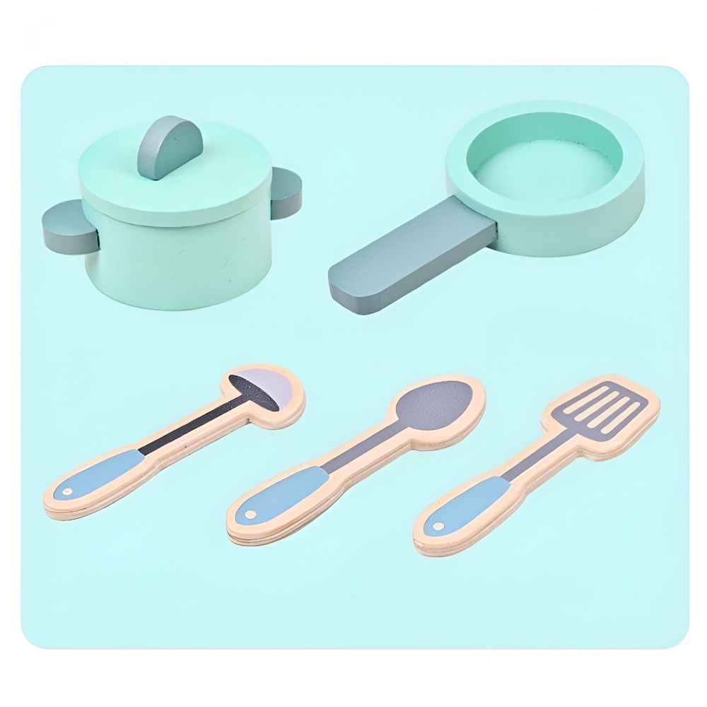 Little Story - Wooden Kitchen With Refrigerator And 6 Accessories - Teal