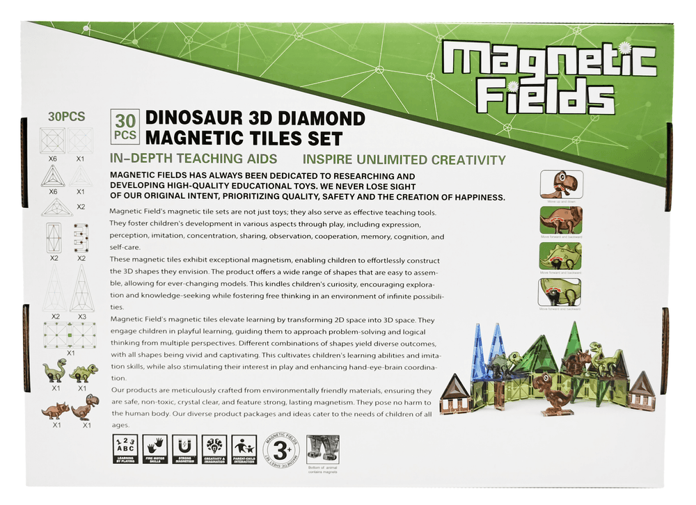 Magnetic Fields - Dinosaur 3D Diamond Magnetic Tiles Set - 30 Pcs