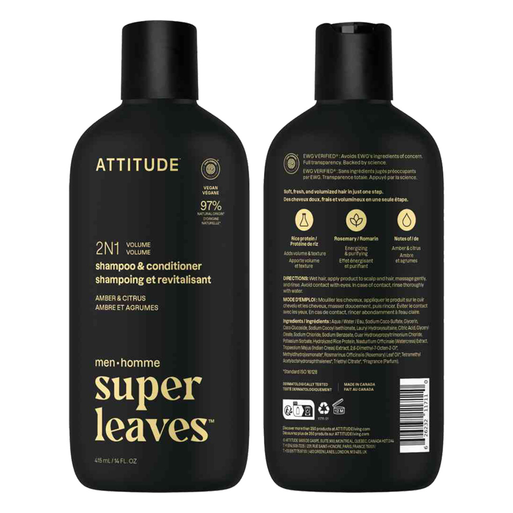 Attitude Men's Super Leaves 2-In-1 Volume Shampoo And Conditioner - Amber And Citrus - 415 ml