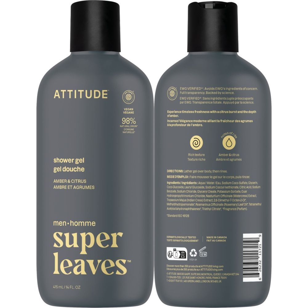 Attitude Men's Super Leaves Shower Gel - Amber And Citrus - 415 ml
