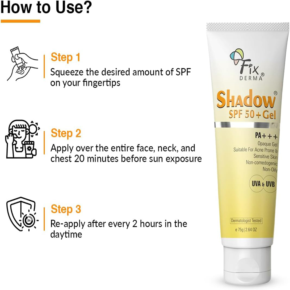 Fixderma - Shadow Sunscreen Spf 50+ Gel - For Oily Skin -  UVA UVB Protection - Non Greasy - 75g