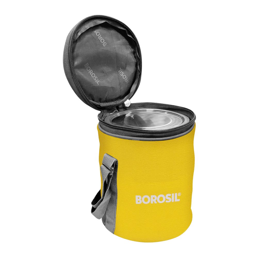 Borosil - Stainless Steel Round Lunch Box With Carry Bag Set - Yellow - 4 Pcs - 400 ml