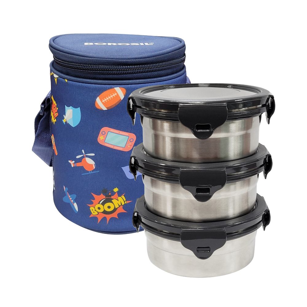 Borosil - Stainless Steel Round Lunch Box With Carry Bag Set - Blue - 4 Pcs - 400 ml