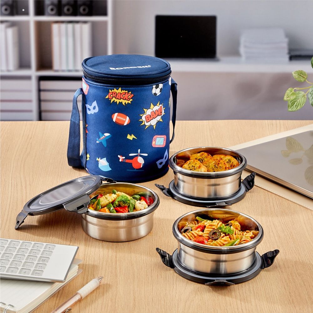 Borosil - Stainless Steel Round Lunch Box With Carry Bag Set - Blue - 4 Pcs - 400 ml