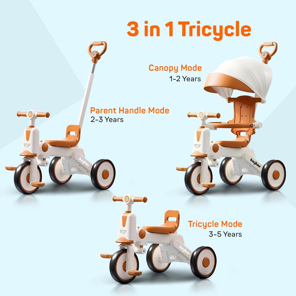 بايبي - دراجة ثلاثية العجلات بيكو 3 في 1 بمقبض للوالدين ومظلة - أبيض