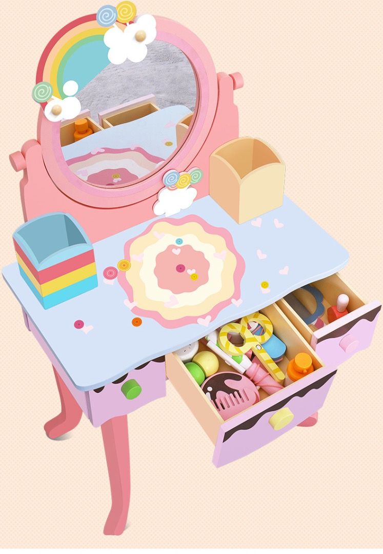 فاكتوري برايس - مجموعة مكياج خشبي للأطفال مع طاولة - أكثر من 15 قطعة
