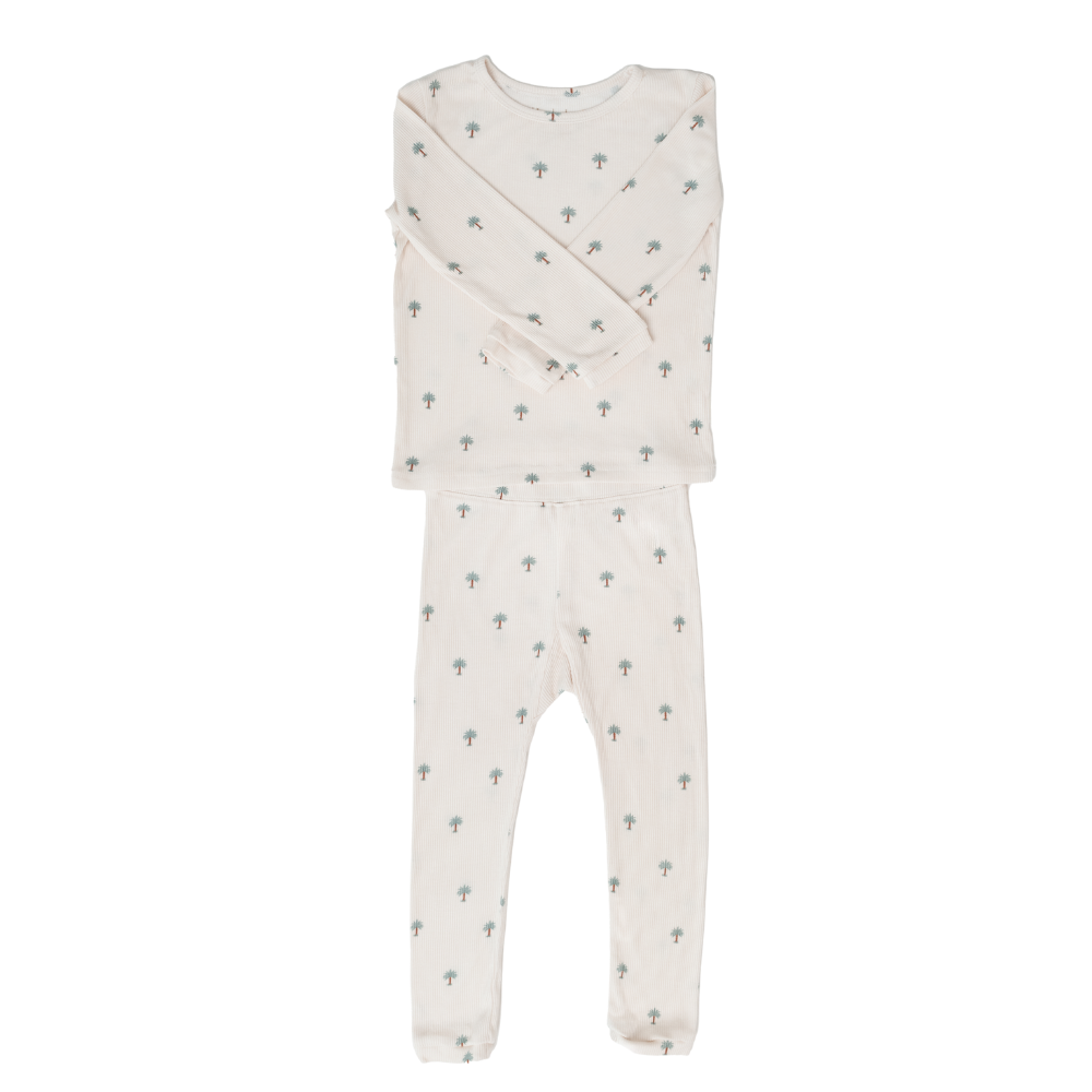 Hushabye 2pc-Set - Kids Date Palm Print Ribbed Bamboo Pyjama - Neutral