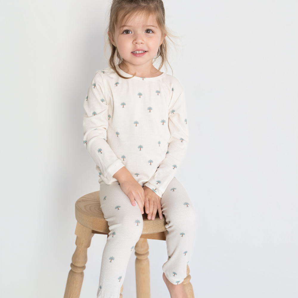 Hushabye 2pc-Set - Kids Date Palm Print Ribbed Bamboo Pyjama - Neutral