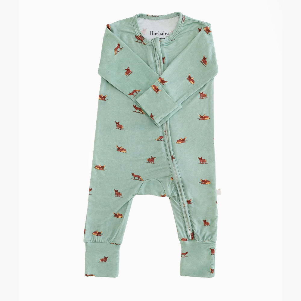 Hushabye - Organic Bamboo Desert Fox Printed Zippered Sleepsuit - Green