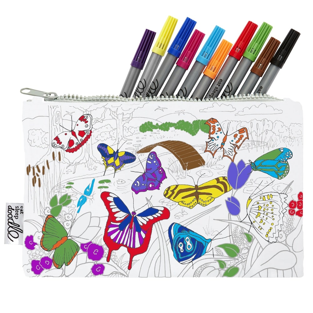Eat Sleep Doodle - Colour-In Pencil Case & Fabric Pen Set - Butterfly - 11 Pcs
